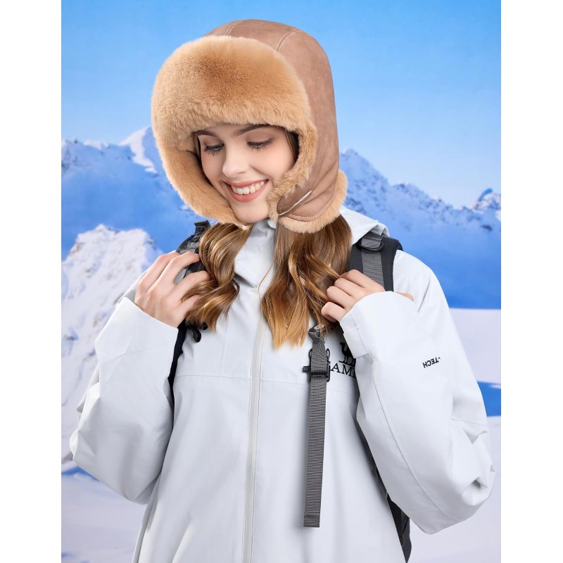 Khaki Faux Fur Lined Ushanka Trapper Winter Hat Khaki faux fur lined ushanka trapper hat, windproof water-repellent winter hat for men and women