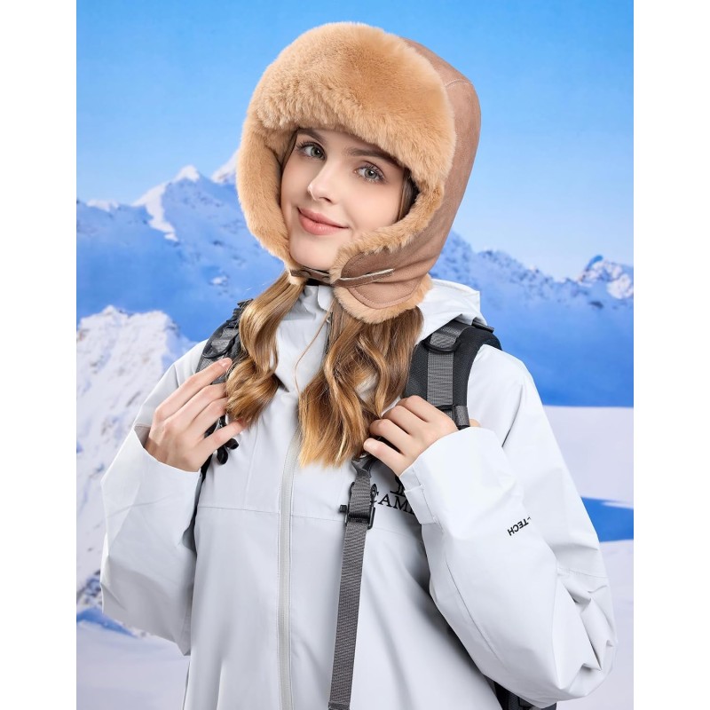 Khaki Faux Fur Lined Ushanka Trapper Winter Hat Khaki faux fur lined ushanka trapper hat, windproof water-repellent winter hat for men and women