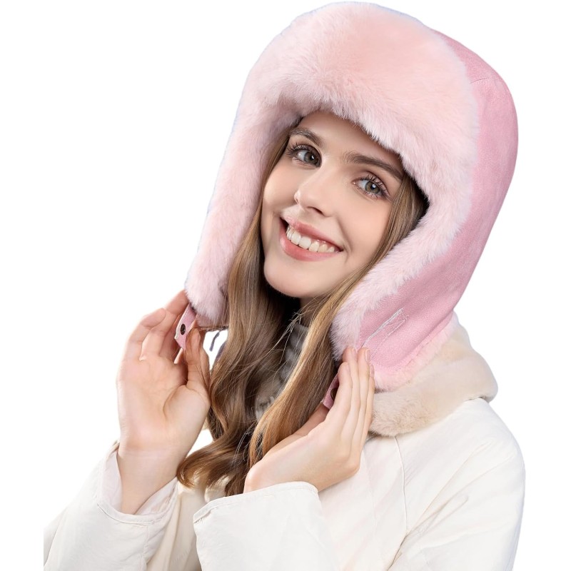 Pink Faux Fur Lined Ushanka Trapper Hat for Women and Men