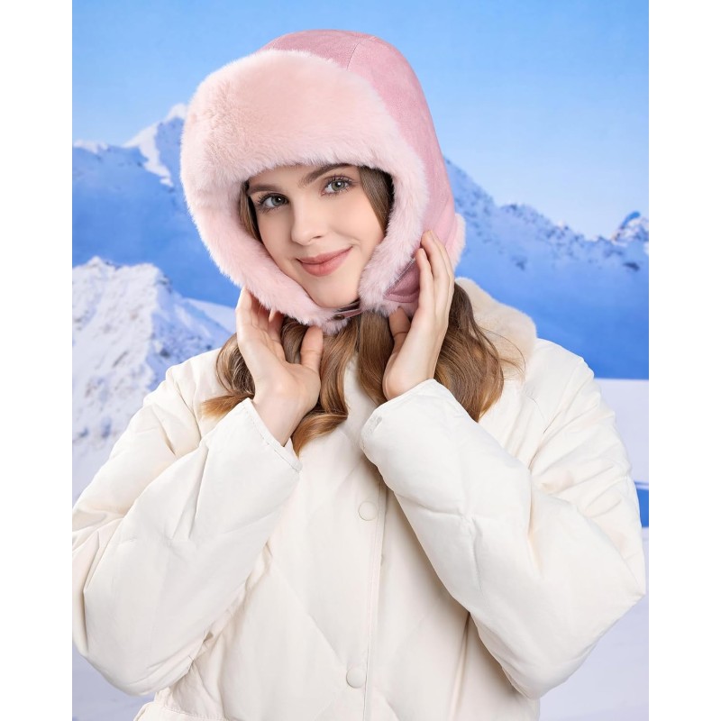 Pink Faux Fur Lined Ushanka Trapper Hat for Women and Men