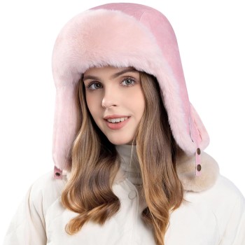 Pink Ushanka Trapper Hat for Women Men – Faux Fur Lined Windproof Warm Winter Hunting Hat