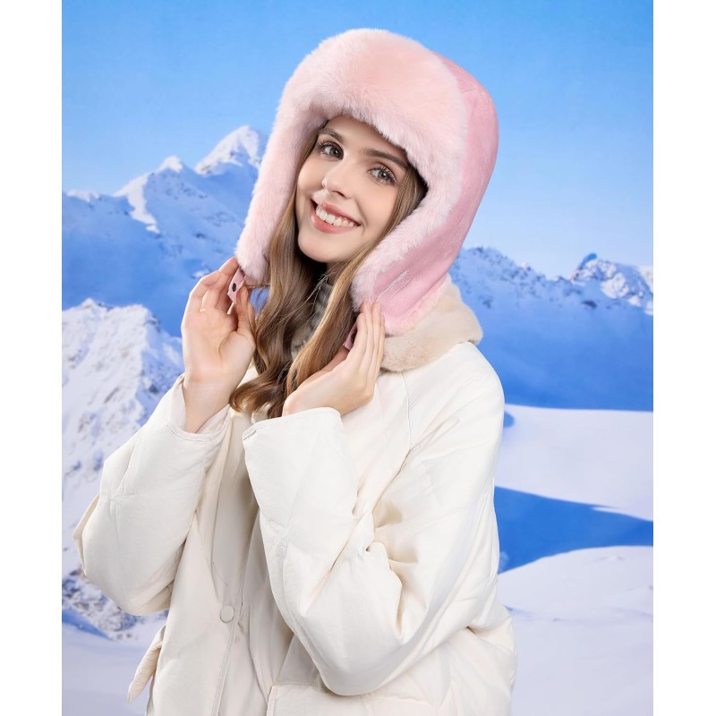 Pink Faux Fur Lined Ushanka Trapper Hat for Women and Men