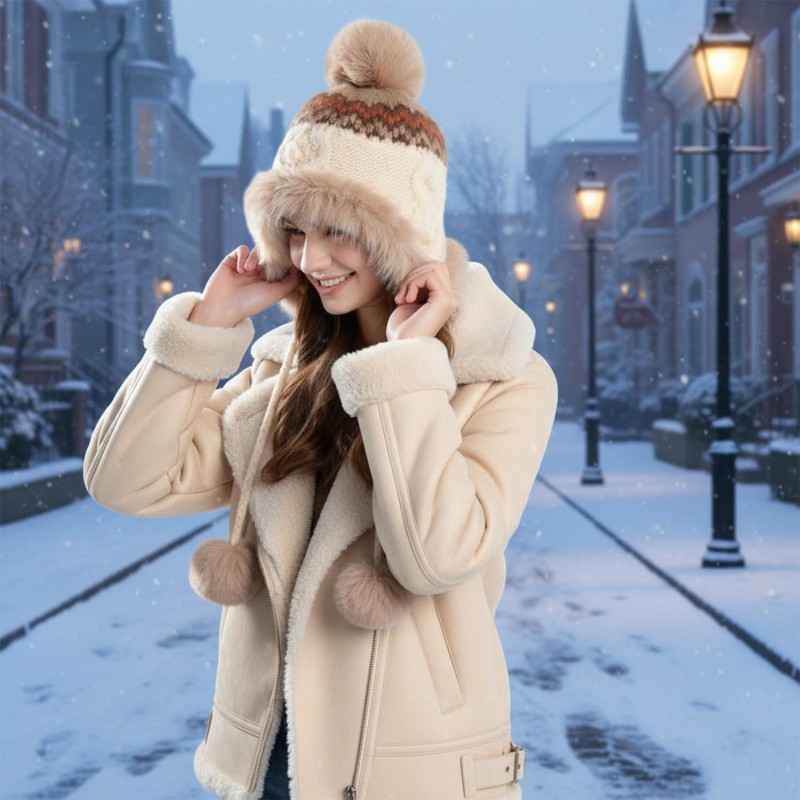 Women's beige Peruvian sherpa fleece lined ponytail beanie with ear flaps for skiing
