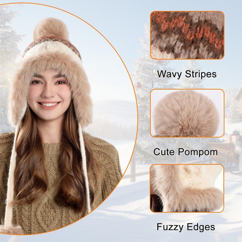 Women's beige Peruvian sherpa fleece lined ponytail beanie with ear flaps for skiing