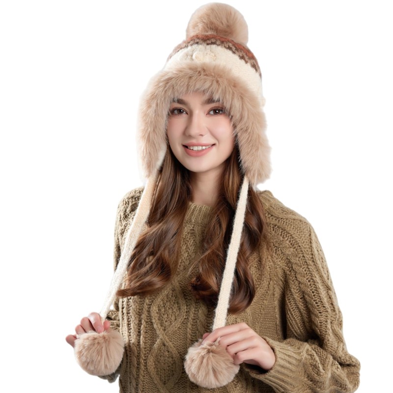 Women's beige Peruvian sherpa fleece lined ponytail beanie with ear flaps for skiing