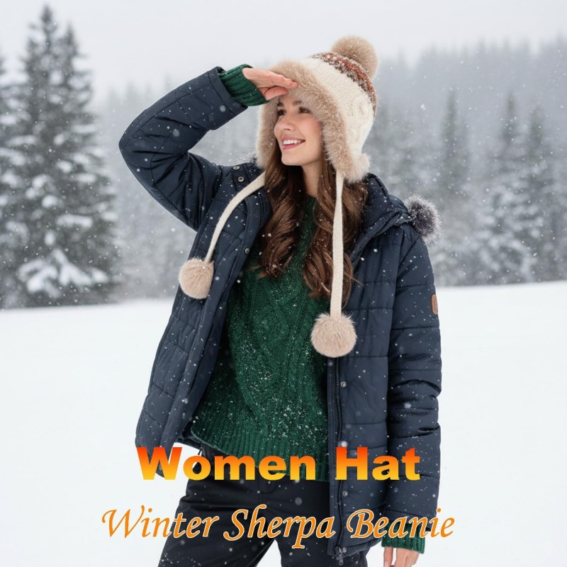 Women's beige Peruvian sherpa fleece lined ponytail beanie with ear flaps for skiing