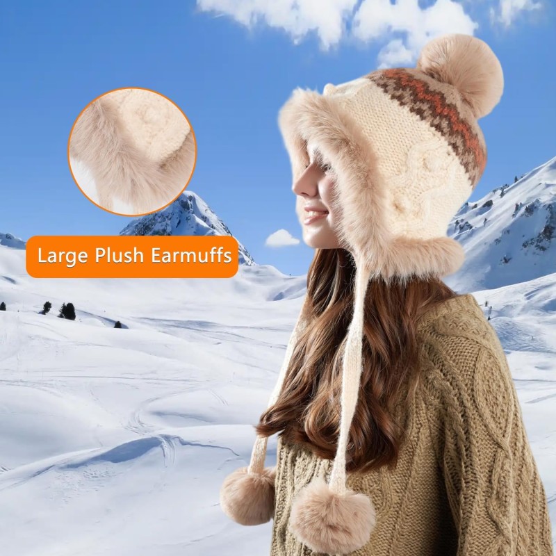Women's beige Peruvian sherpa fleece lined ponytail beanie with ear flaps for skiing