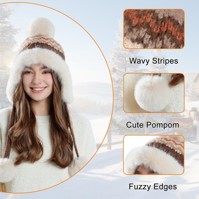 Women’s Peruvian Patterned Sherpa Lined Knit Beanie Ponytail Ear Flap Ski Hat