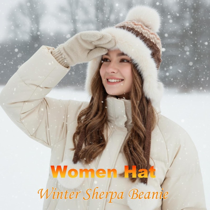 Women’s Peruvian Patterned Sherpa Lined Knit Beanie Ponytail Ear Flap Ski Hat