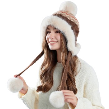 Women’s Winter Peruvian Patterned Sherpa Lined Knit Beanie Ponytail Ear Flap Ski Warm Hat