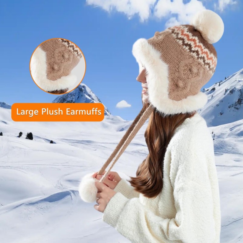 Women's Khaki Sherpa-Lined Ponytail Beanie with Ear Flaps