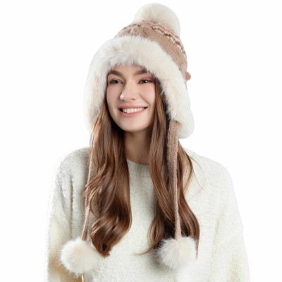 Women's Khaki Sherpa-Lined Ponytail Beanie with Ear Flaps