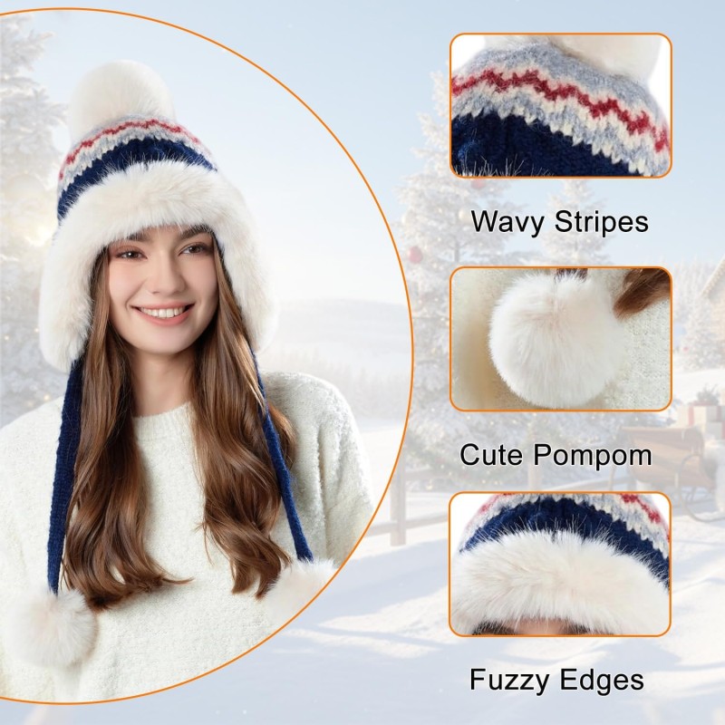 Women’s Navy Sherpa Lined Knit Ponytail Beanie with Ear Flaps