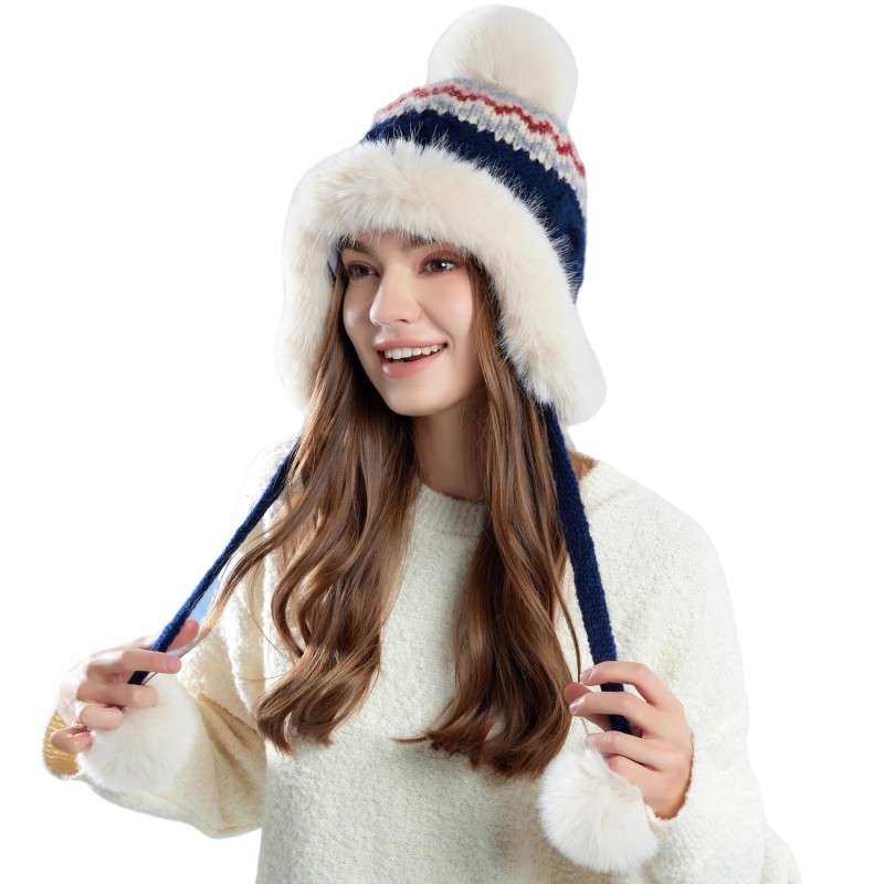 Women’s Navy Sherpa Lined Knit Ponytail Beanie with Ear Flaps