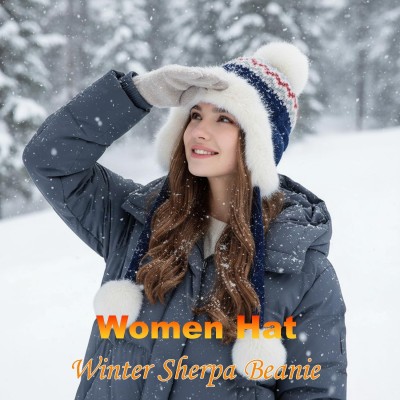 Women’s Navy Sherpa Lined Knit Ponytail Beanie with Ear Flaps