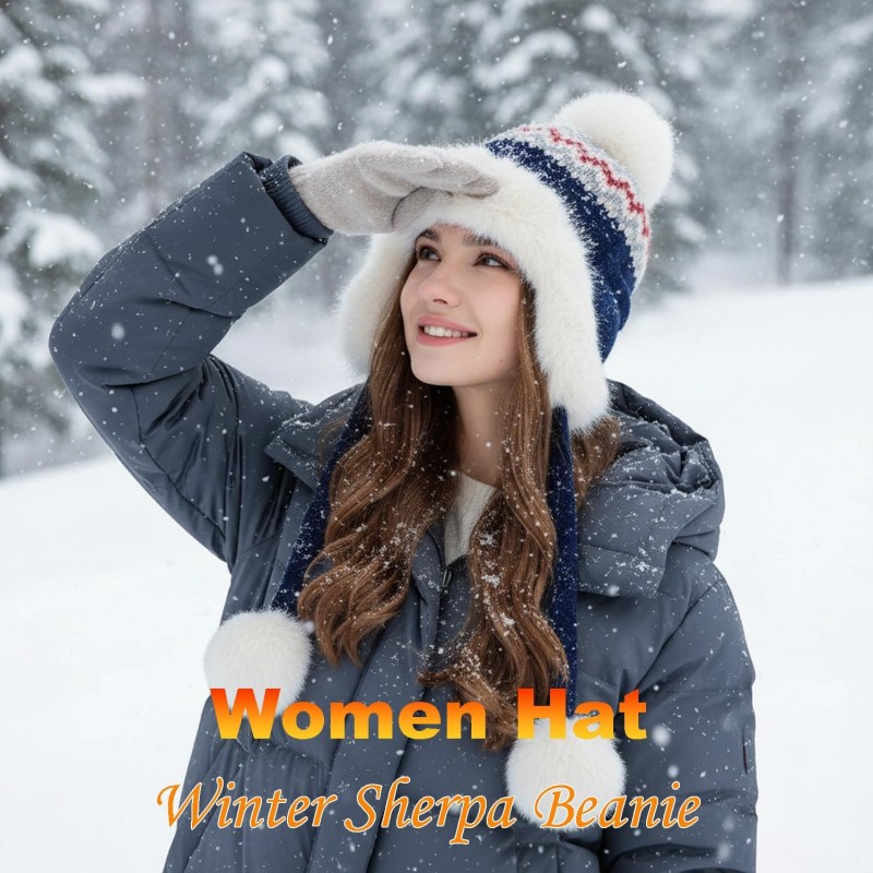 Women’s Navy Sherpa Lined Knit Ponytail Beanie with Ear Flaps