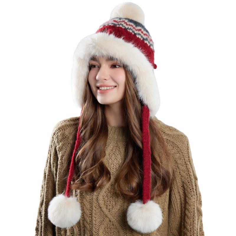 Wine Red Women's Sherpa Fleece Lined Ponytail Ear Flap Beanie