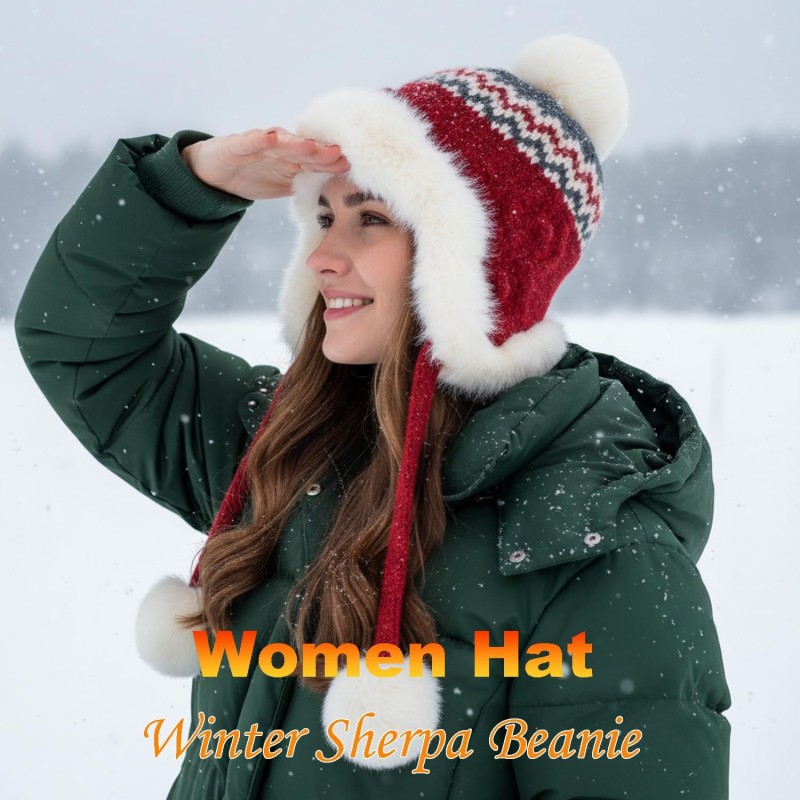 Wine Red Women's Sherpa Fleece Lined Ponytail Ear Flap Beanie