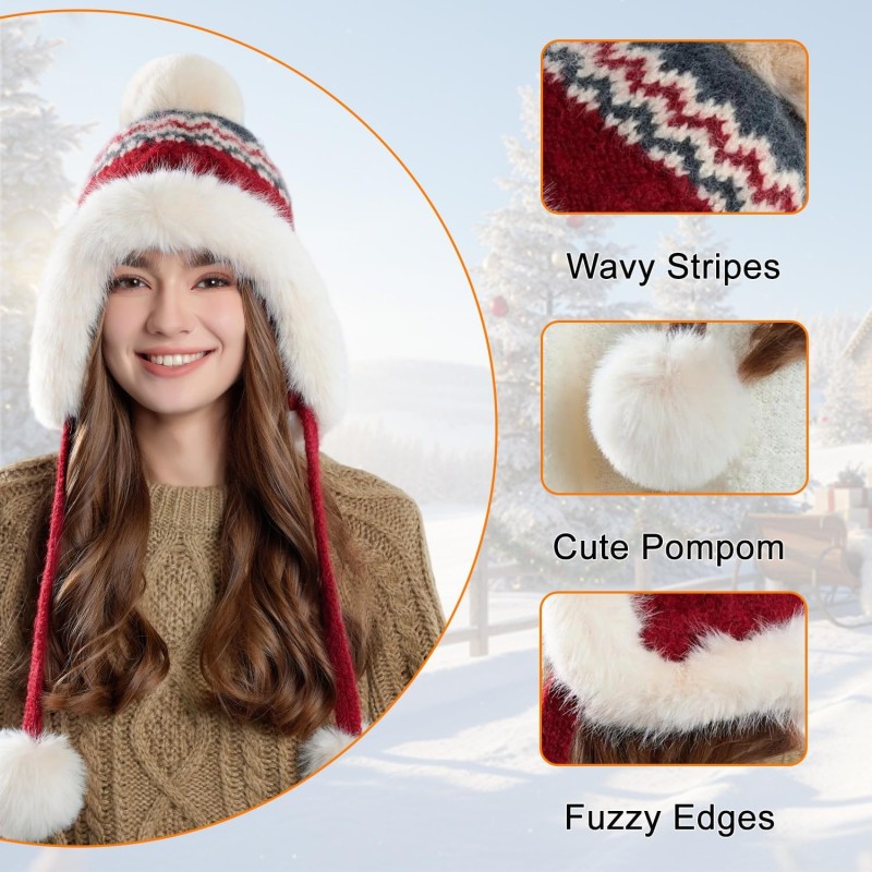 Wine Red Women's Sherpa Fleece Lined Ponytail Ear Flap Beanie