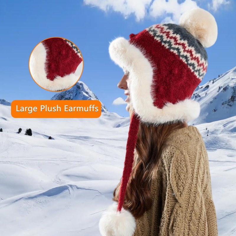 Wine Red Women's Sherpa Fleece Lined Ponytail Ear Flap Beanie