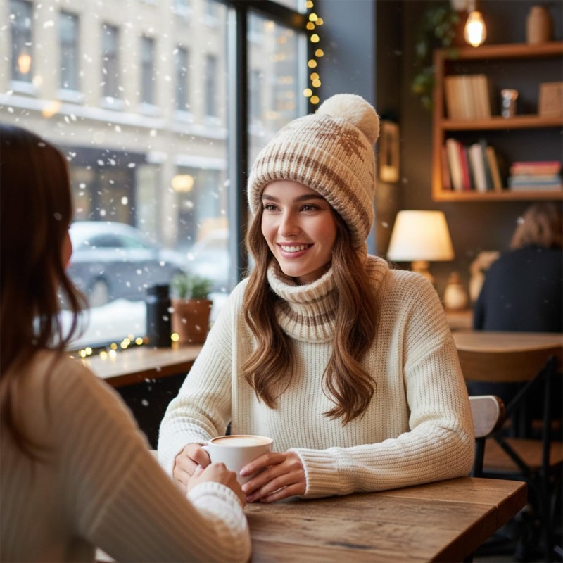 Beige Women's Winter Knitted Fleece Lined Balaclava Beanie Beige Women's Winter Knitted Fleece Lined Balaclava Beanie with Pompom