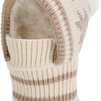 Women's Winter Knitted Fleece Lined Balaclava Beanie with Pompom, Cold Weather Neck Warmer, Beige