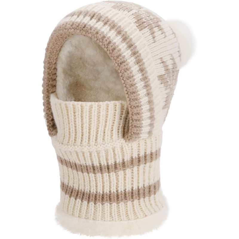 Beige Women's Winter Knitted Fleece Lined Balaclava Beanie Beige Women's Winter Knitted Fleece Lined Balaclava Beanie with Pompom