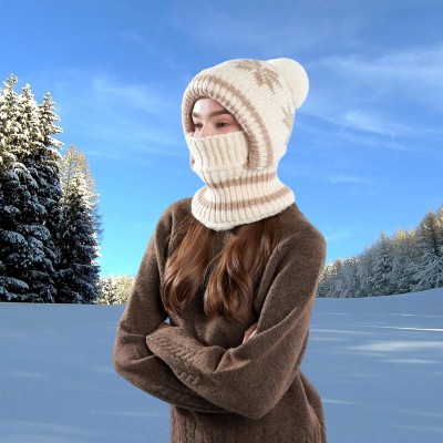 Beige Women's Winter Knitted Fleece Lined Balaclava Beanie Beige Women's Winter Knitted Fleece Lined Balaclava Beanie with Pompom