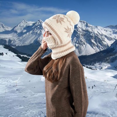 Beige Women's Winter Knitted Fleece Lined Balaclava Beanie Beige Women's Winter Knitted Fleece Lined Balaclava Beanie with Pompom
