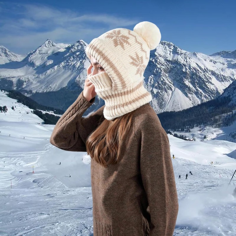 Beige Women's Winter Knitted Fleece Lined Balaclava Beanie Beige Women's Winter Knitted Fleece Lined Balaclava Beanie with Pompom