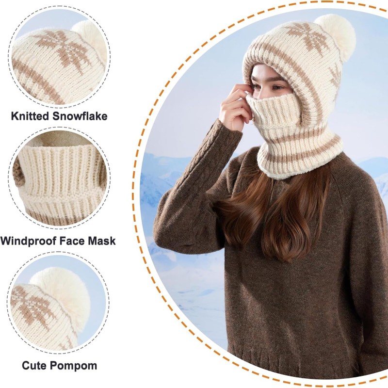 Beige Women's Winter Knitted Fleece Lined Balaclava Beanie Beige Women's Winter Knitted Fleece Lined Balaclava Beanie with Pompom