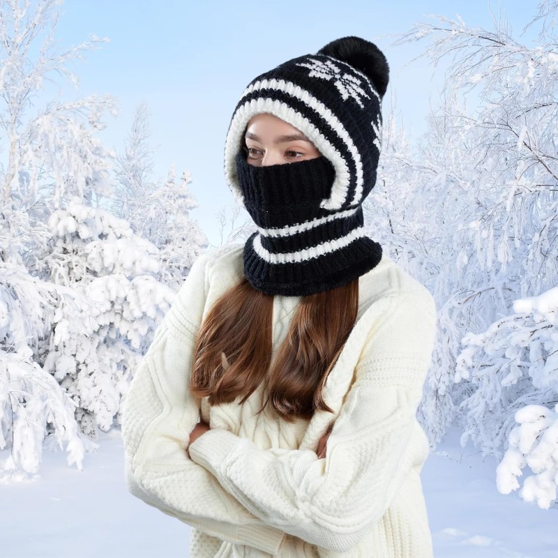Women's winter knitted balaclava beanie with pompom and fleece lining