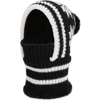 Women's Winter One-Piece Knitted Fleece Lined Balaclava Hooded Beanie With Pompom Cold Weather Neck Warmer
