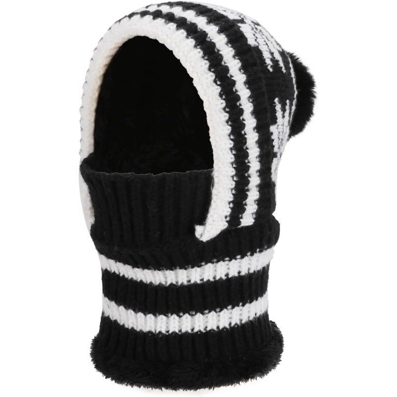 Women's winter knitted balaclava beanie with pompom and fleece lining