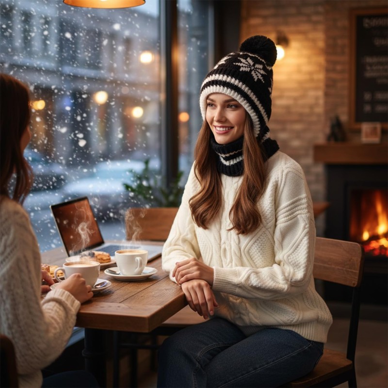Women's winter knitted balaclava beanie with pompom and fleece lining