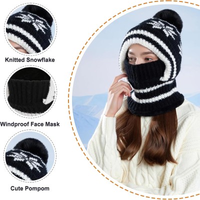 Women's winter knitted balaclava beanie with pompom and fleece lining