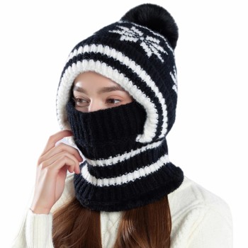 Women's Winter One-Piece Knitted Fleece Lined Balaclava Hooded Beanie With Pompom Cold Weather Neck Warmer
