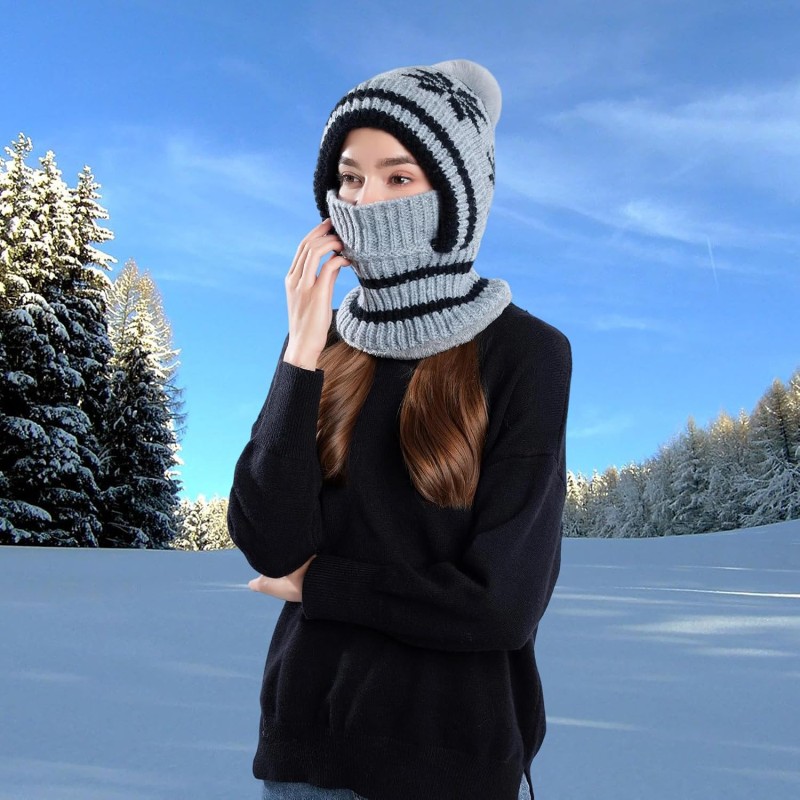 Women's Gray Knitted Fleece Lined Winter Balaclava with Pompom