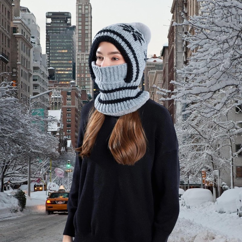 Women's Gray Knitted Fleece Lined Winter Balaclava with Pompom