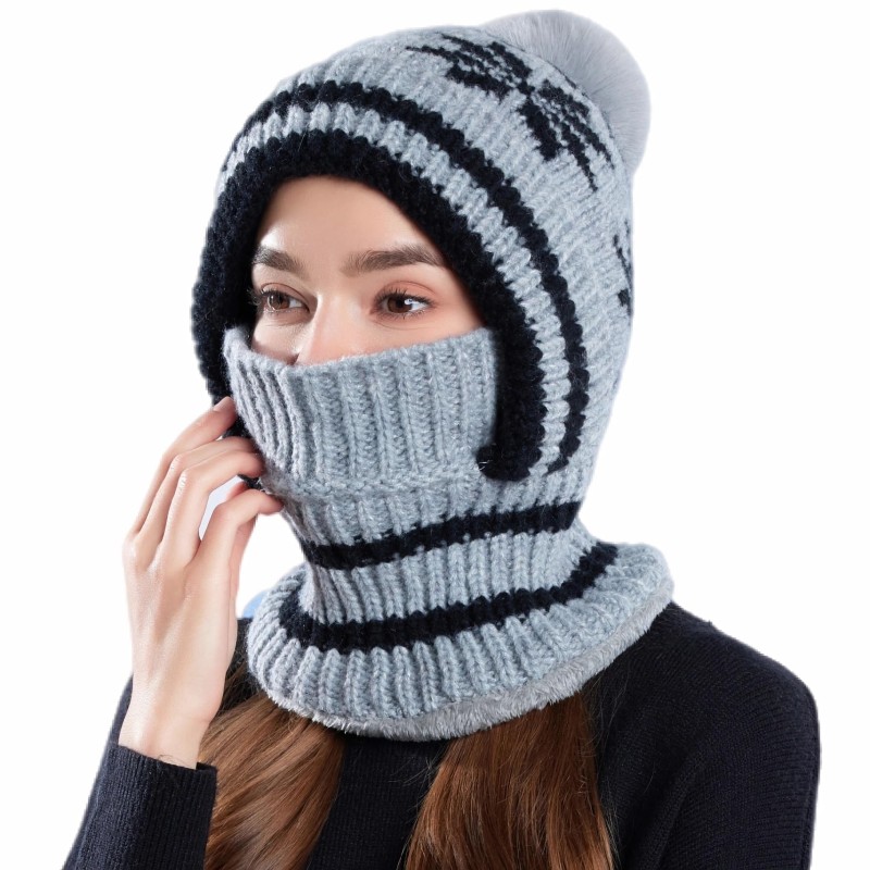 Women's Gray Knitted Fleece Lined Winter Balaclava with Pompom