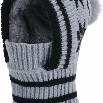 Women's Gray Knitted Fleece Lined Winter Balaclava Hooded Beanie With Pompom Neck Warmer