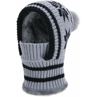 Women's Gray Knitted Fleece Lined Winter Balaclava with Pompom
