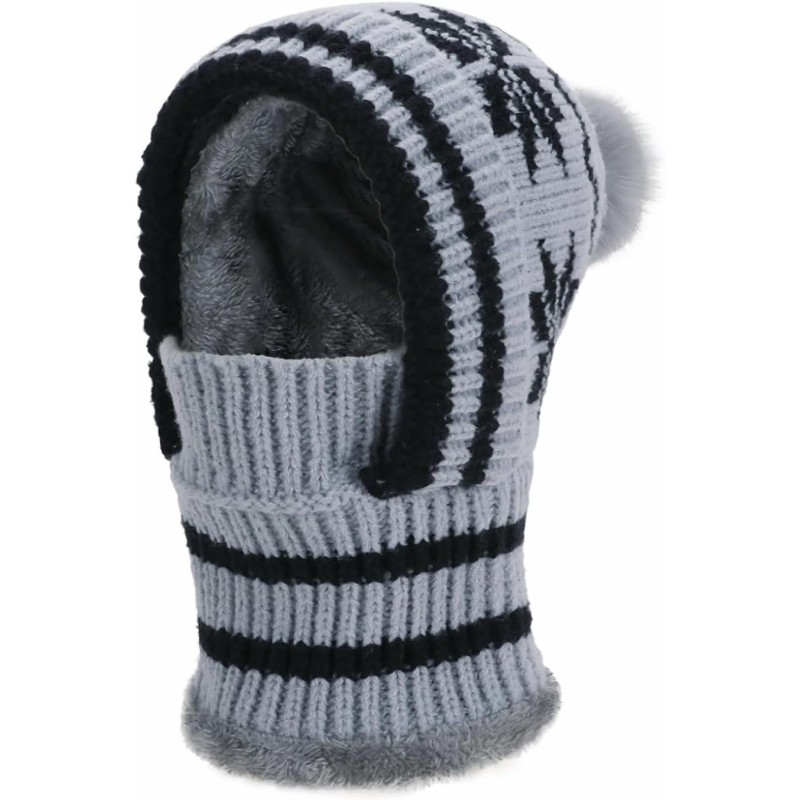 Women's Gray Knitted Fleece Lined Winter Balaclava with Pompom