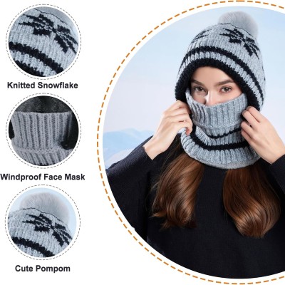 Women's Gray Knitted Fleece Lined Winter Balaclava with Pompom