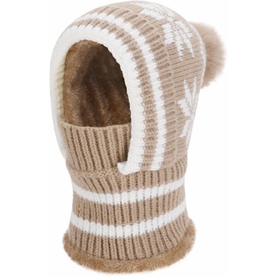 Women's khaki knitted fleece lined balaclava beanie with pompom and neck warmer
