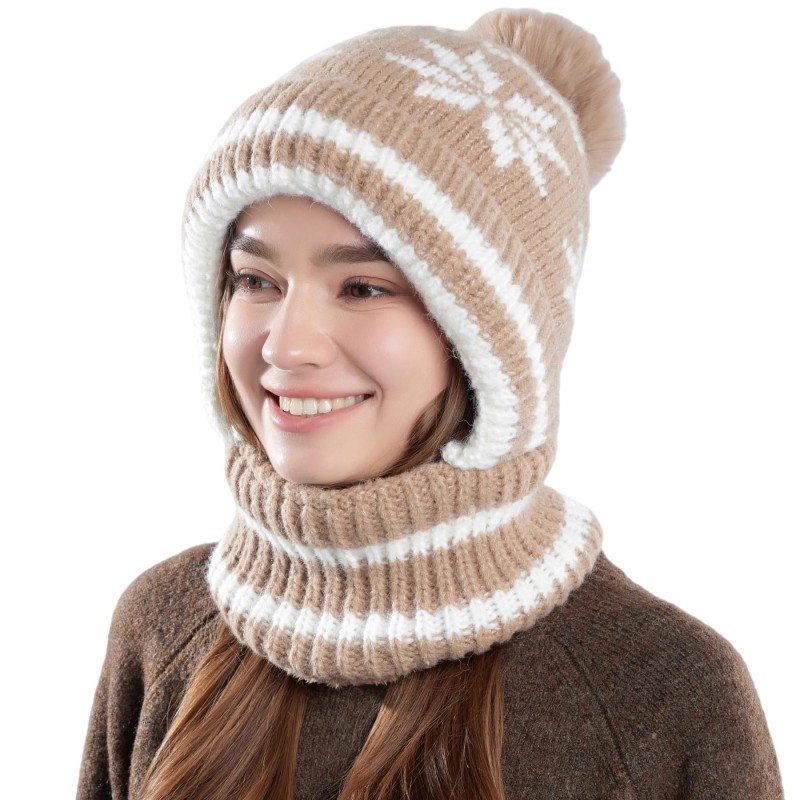 Women's khaki knitted fleece lined balaclava beanie with pompom and neck warmer