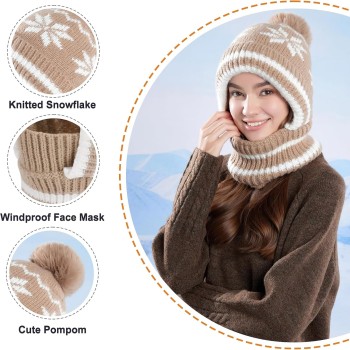 Women's Winter Knitted Fleece Lined Balaclava Hooded Beanie Khaki Pompom One Size Neck Warmer Women's Winter Knitted Fleece Lined Balaclava Hooded Beanie Khaki Pompom One Size Neck Warmer