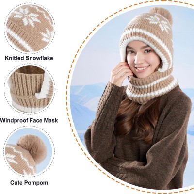 Women's khaki knitted fleece lined balaclava beanie with pompom and neck warmer