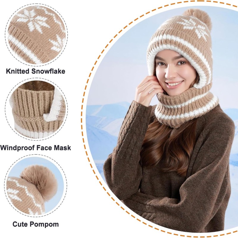 Women's khaki knitted fleece lined balaclava beanie with pompom and neck warmer