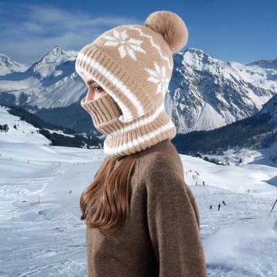 Women's khaki knitted fleece lined balaclava beanie with pompom and neck warmer